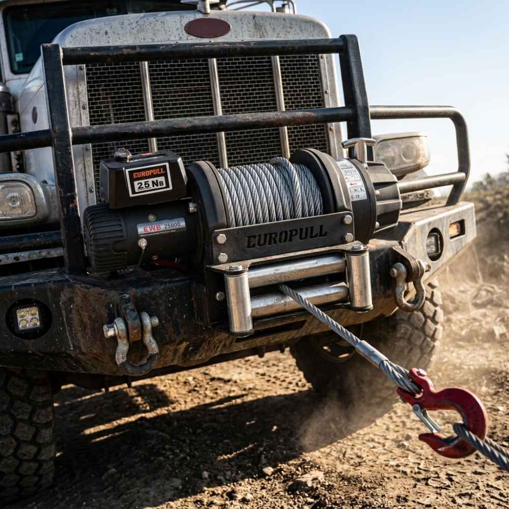 EWB 25000 Electric Winch Mounted on 10-Ton Recovery Truck Bumper